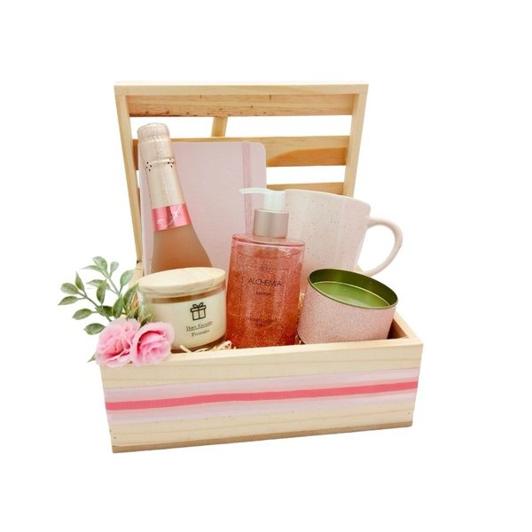 Cesta Rustica - Espumante e Mimos - Pink