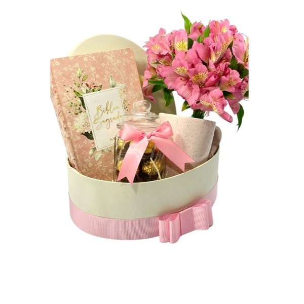 Cesta Cristã - Bíblia, Flores, Caneca, Chocolate