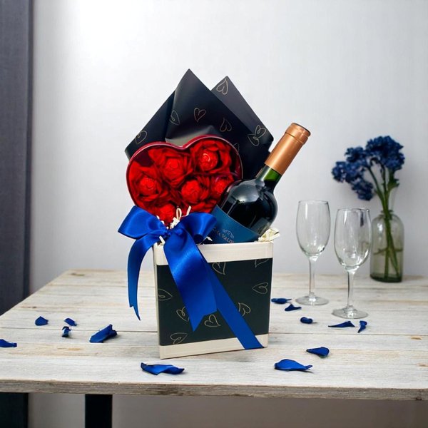 Cesta Dia dos Pais Azul Vinho e Chocolate