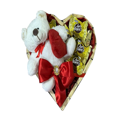 Coração Gold Ouro Branco com Ursinho