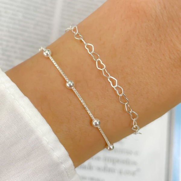 Kit Pulseiras de Prata 925 Coração e Bolinhas