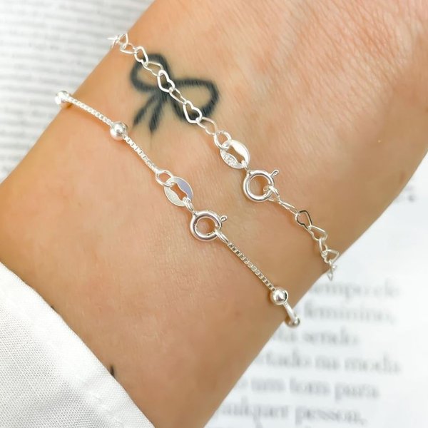 Kit Pulseiras de Prata 925 Coração e Bolinhas