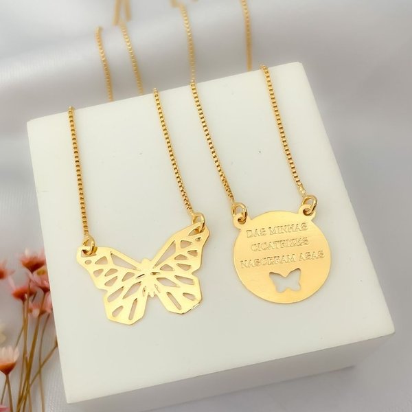 Colar Escapulário Borboleta Banhado a Ouro 18K