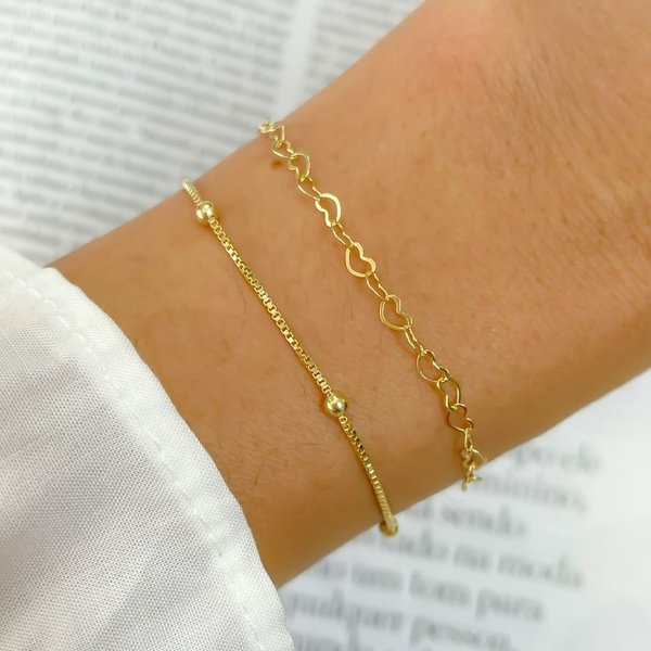Kit Pulseiras Banhadas a Ouro 18K Coração e Bolinhas