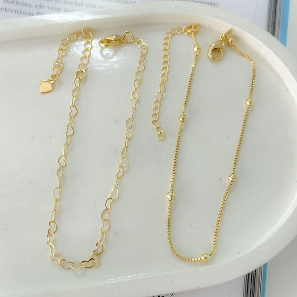 Kit Pulseiras Banhadas a Ouro 18K Coração e Bolinhas