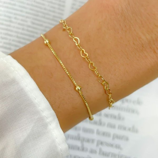 Kit Pulseiras Banhadas a Ouro 18K Coração e Bolinhas
