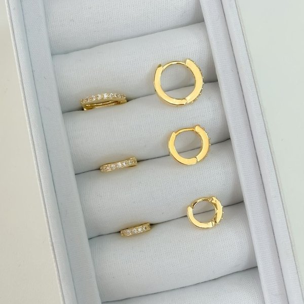 Trio de Argolas Cravejadas Click Banhadas a Ouro 18K