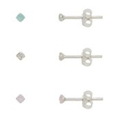 Trio de Brincos Zircônias Coloridas Leitosas 2mm Prata