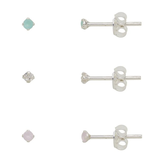 Trio de Brincos Zircônias Coloridas Leitosas 2mm Prata