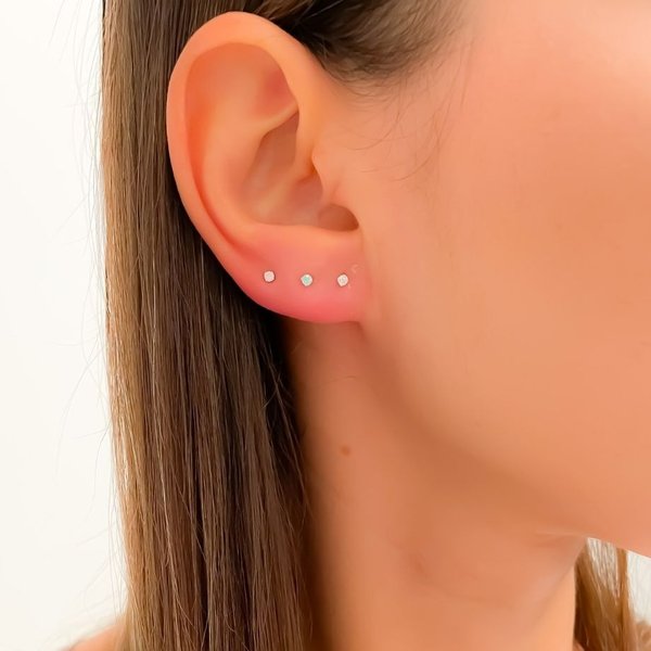 Trio de Brincos Zircônias Coloridas Leitosas 2mm Prata