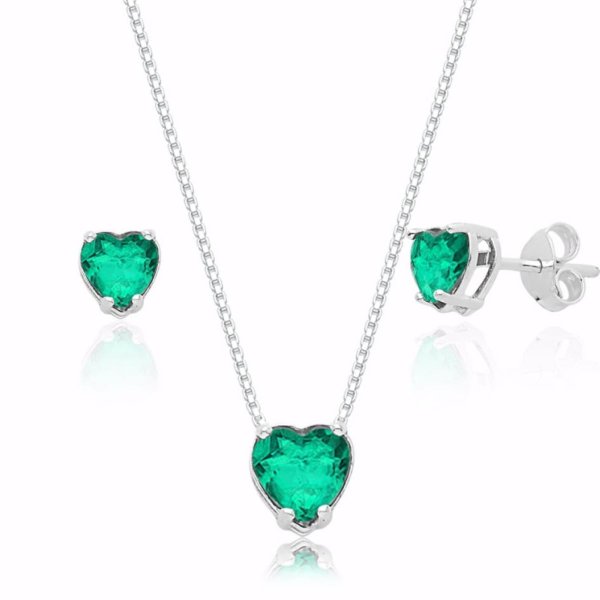 Conjunto de Coração Zircônia Verde-mar em Prata 925
