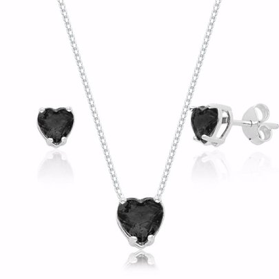 Conjunto de Coração com Zircônia Preta em Prata 925