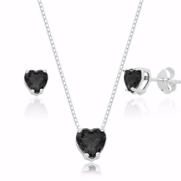 Conjunto de Coração com Zircônia Preta em Prata 925