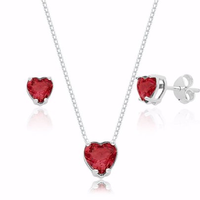 Conjunto de Coração com Zircônia Vermelha em Prata 925