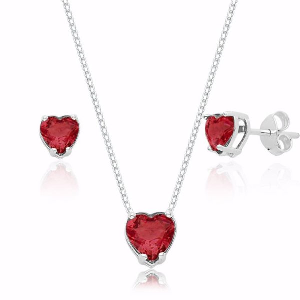 Conjunto de Coração com Zircônia Vermelha em Prata 925