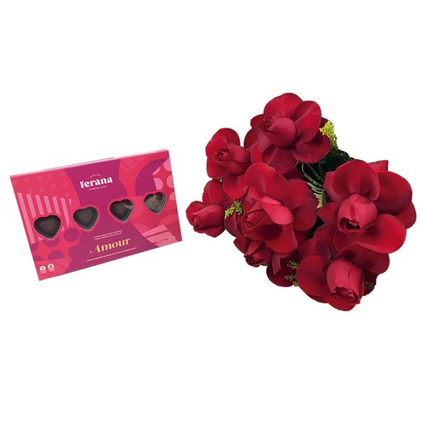 Buquê De Rosas Vermelhas com Chocolates Coração 