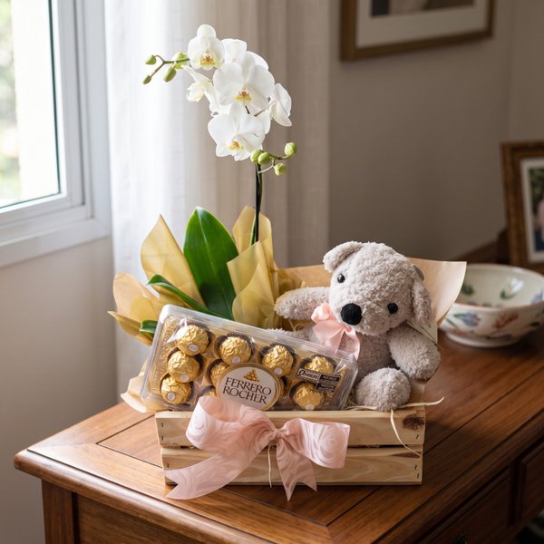 Arranjo com Orquidea, Pelúcia e Chocolate