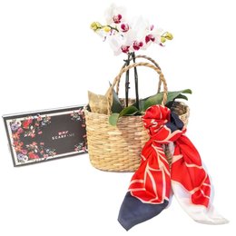 Imagem de Kit Mimos Lenço Scarf Me, Orquídea e Sacola de Palha 