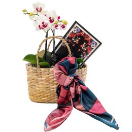 Imagem de Kit Mimos Lenço Scarf Me, Orquídea e Sacola de Palha 
