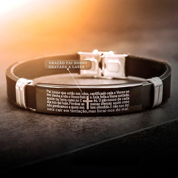 Pulseira Safra Black Oração Pai Nosso em Aço