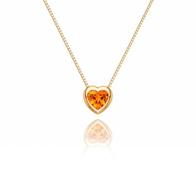 Colar Coração Cristal Laranja Ouro Amarelo 18K