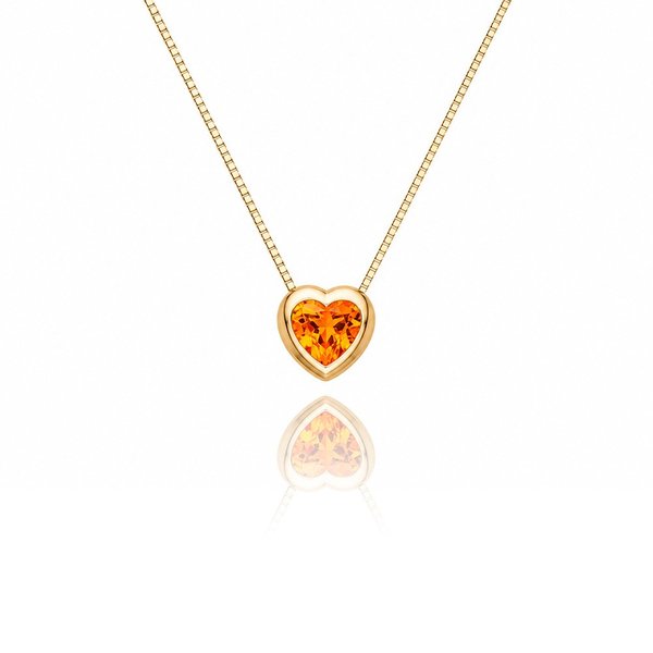 Colar Coração Cristal Laranja Ouro Amarelo 18K