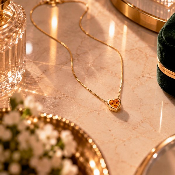 Colar Coração Cristal Laranja Ouro Amarelo 18K