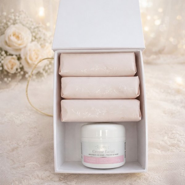 Kit Rosa Aromá 3 Sabonetes 150g + Creme Facial + Cx