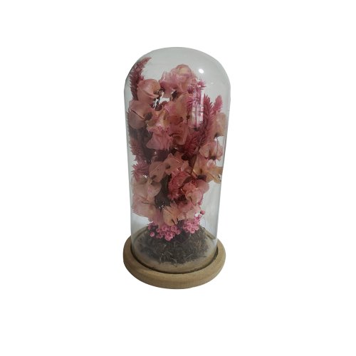 Redoma de vidro com flores desidratadas  Coleção Rosa