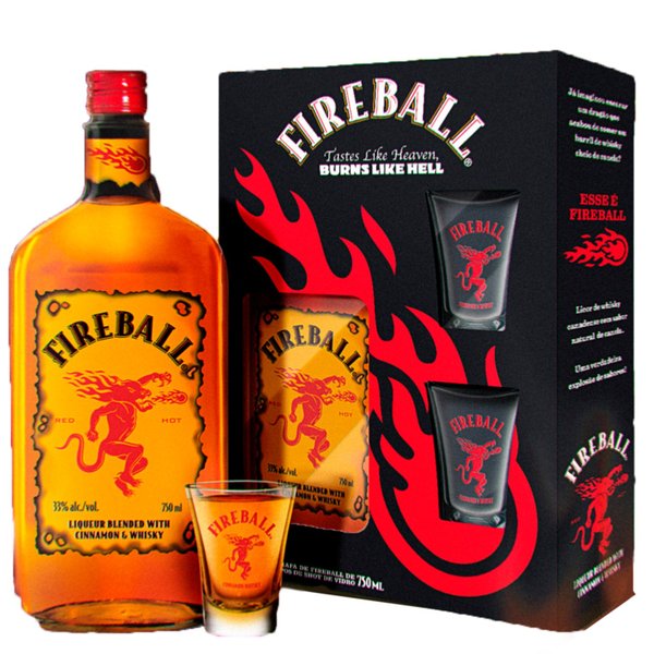 Kit Licor de Canela, Whisky Fireball 750ml e 2 Copos 