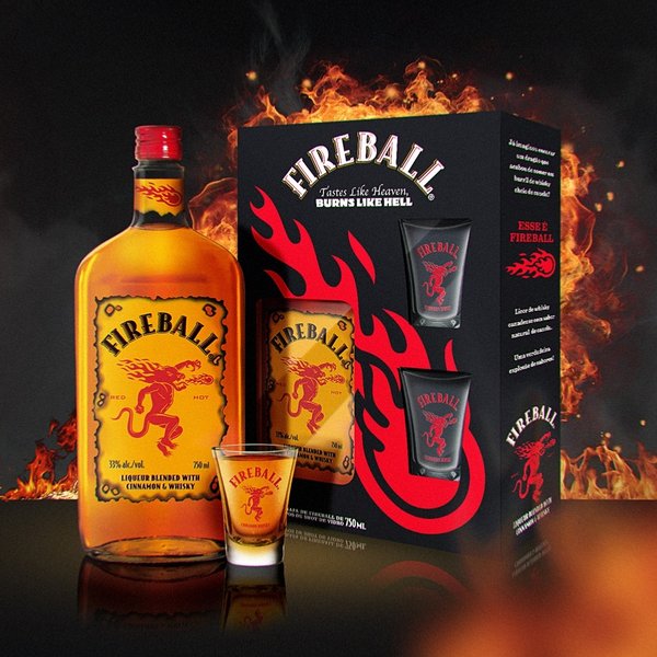 Kit Licor de Canela, Whisky Fireball 750ml e 2 Copos 