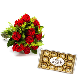 Imagem de Buquê 10 Rosas e Bombom Ferrero Rocher 12 Unidades 
