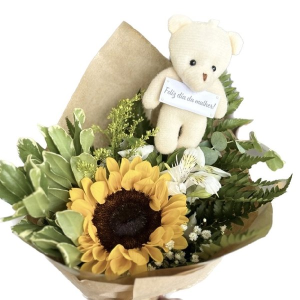 Buquê Girassol e Urso Personalizado