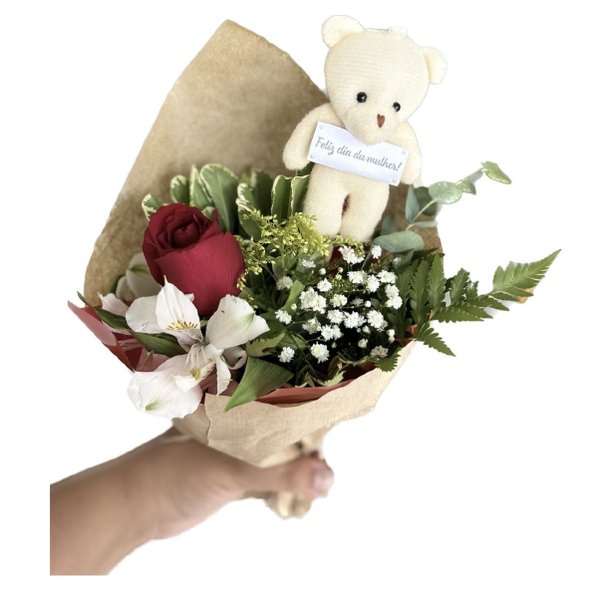 Buquê Com Rosa e Urso Personalizado