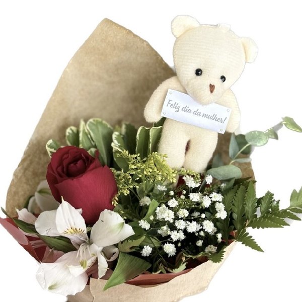 Buquê Com Rosa e Urso Personalizado